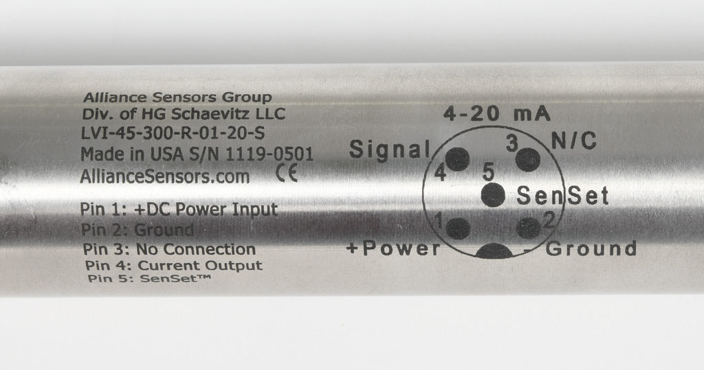 Alliance Sensors inductive linear position sensor, pivoting slide, 300mm stroke, 12.5mm shaft diameter, 4-20 mA output, 45mm diameter x 454.1mm body, rod eyes mount, 5-pin M12 quick-disconnect.-LVI45-300R-01-20S