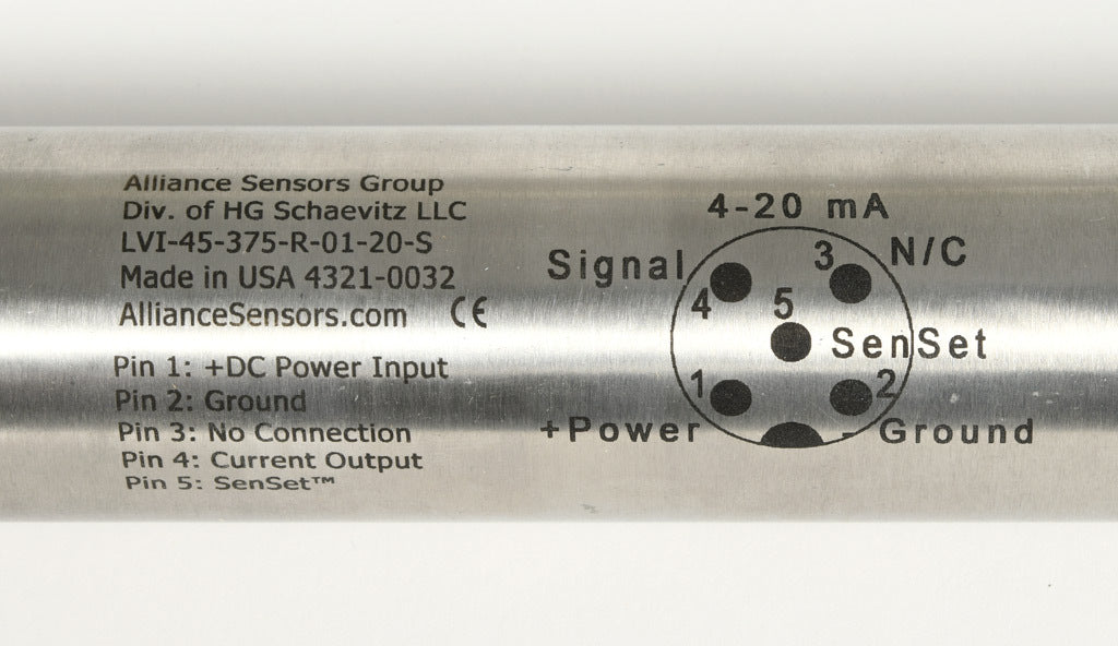 Alliance Sensors inductive linear position sensor, pivoting slide, 375mm stroke, 12.5mm shaft diameter, 4-20 mA output, 45mm diameter x 530.4mm body, rod eyes mount, 5-pin M12 quick-disconnect.-LVI45-375R-01-20S