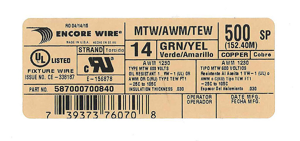 Atlas Wire MTW hook-up wire, single conductor, 14 AWG, 41-stranded, bare copper, PVC conductor insulation material, green with yellow stripe, 600V, 500ft spool.-MTW14GYL