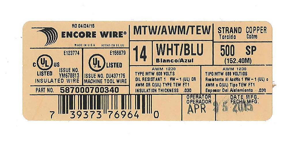 Atlas Wire MTW hook-up wire, single conductor, 14 AWG, 41-stranded, bare copper, PVC conductor insulation material, white with blue stripe, 600V, 500ft spool.-MTW14WB