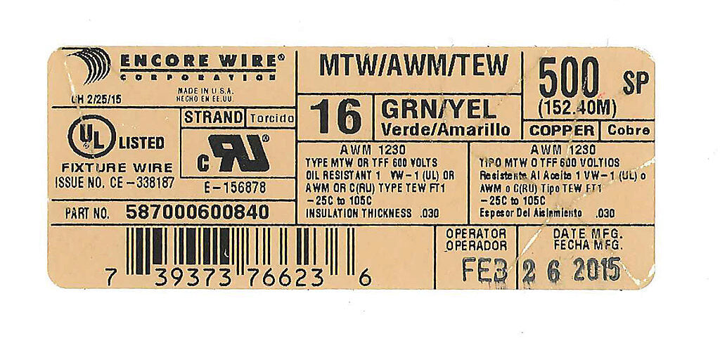 Atlas Wire MTW hook-up wire, single conductor, 16 AWG, 26-stranded, bare copper, PVC conductor insulation material, green with yellow stripe, 600V, 500ft spool.-MTW16GYL