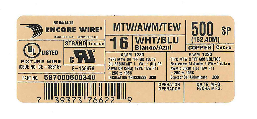 Atlas Wire MTW hook-up wire, single conductor, 16 AWG, 26-stranded, bare copper, PVC conductor insulation material, white with blue stripe, 600V, 500ft spool.-MTW16WB