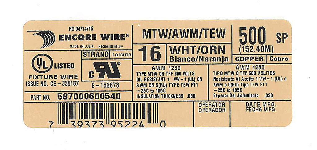 Atlas Wire MTW hook-up wire, single conductor, 16 AWG, 26-stranded, bare copper, PVC conductor insulation material, white with orange stripe, 600V, 500ft spool.-MTW16WO
