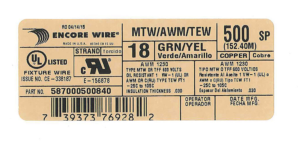 Atlas Wire MTW hook-up wire, single conductor, 18 AWG, 16-stranded, bare copper, PVC conductor insulation material, green with yellow stripe, 600V, 500ft spool.-MTW18GYL