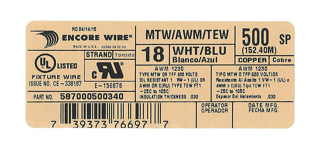 Atlas Wire MTW hook-up wire, single conductor, 18 AWG, 16-stranded, bare copper, PVC conductor insulation material, white with blue stripe, 600V, 500ft spool.-MTW18WB