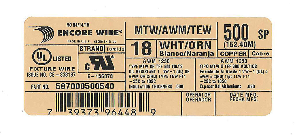 Atlas Wire MTW hook-up wire, single conductor, 18 AWG, 16-stranded, bare copper, PVC conductor insulation material, white with orange stripe, 600V, 500ft spool.-MTW18WO