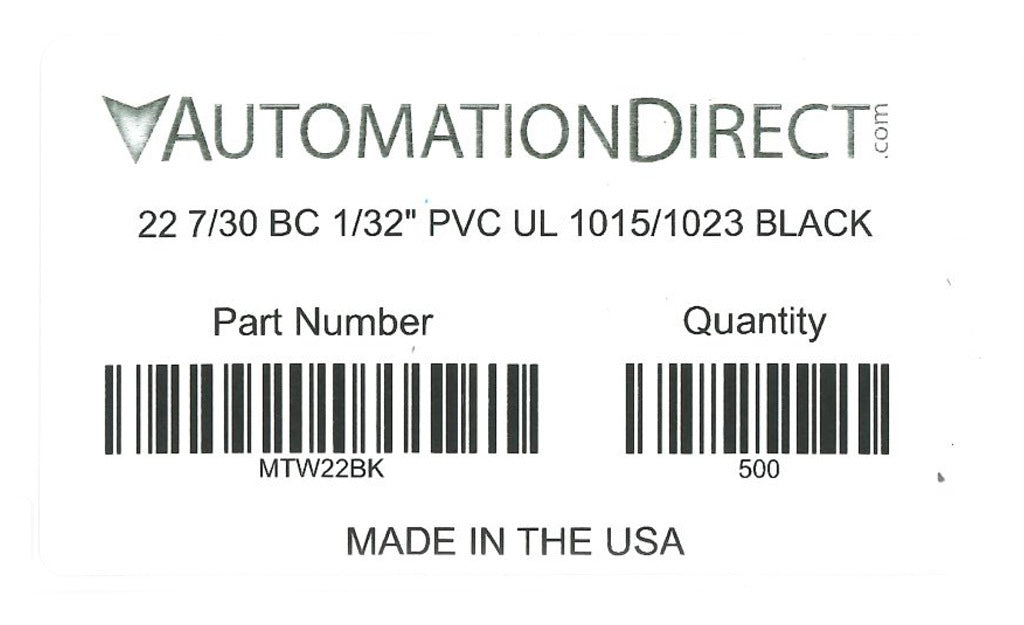Atlas Wire MTW hook-up wire, single conductor, 22 AWG, 7-stranded, bare copper, PVC conductor insulation material, black, 600V, 500ft spool.-MTW22BK
