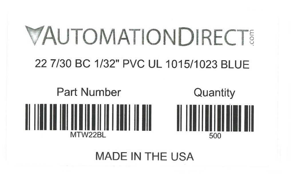 Atlas Wire MTW hook-up wire, single conductor, 22 AWG, 7-stranded, bare copper, PVC conductor insulation material, blue, 600V, 500ft spool.-MTW22BL