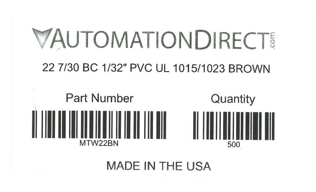 Atlas Wire MTW hook-up wire, single conductor, 22 AWG, 7-stranded, bare copper, PVC conductor insulation material, brown, 600V, 500ft spool.-MTW22BN