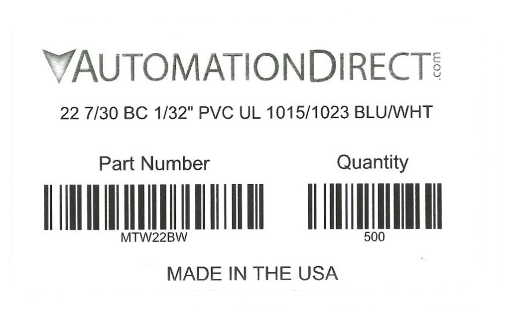 Atlas Wire MTW hook-up wire, single conductor, 22 AWG, 7-stranded, bare copper, PVC conductor insulation material, blue with white stripe, 600V, 500ft spool.-MTW22BW
