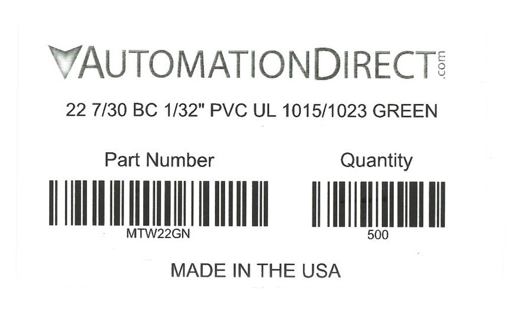 Atlas Wire MTW hook-up wire, single conductor, 22 AWG, 7-stranded, bare copper, PVC conductor insulation material, green, 600V, 500ft spool.-MTW22GN