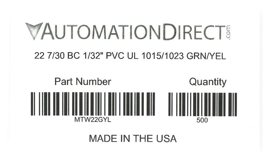 Atlas Wire MTW hook-up wire, single conductor, 22 AWG, 7-stranded, bare copper, PVC conductor insulation material, green with yellow stripe, 600V, 500ft spool.-MTW22GYL