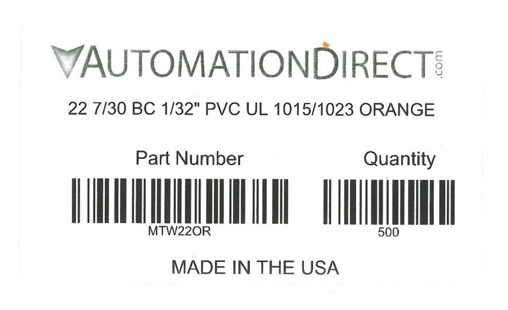Atlas Wire MTW hook-up wire, single conductor, 22 AWG, 7-stranded, bare copper, PVC conductor insulation material, orange, 600V, 500ft spool.-MTW22OR