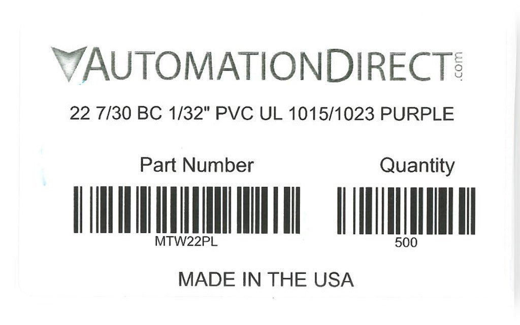 Atlas Wire MTW hook-up wire, single conductor, 22 AWG, 7-stranded, bare copper, PVC conductor insulation material, purple, 600V, 500ft spool.-MTW22PL