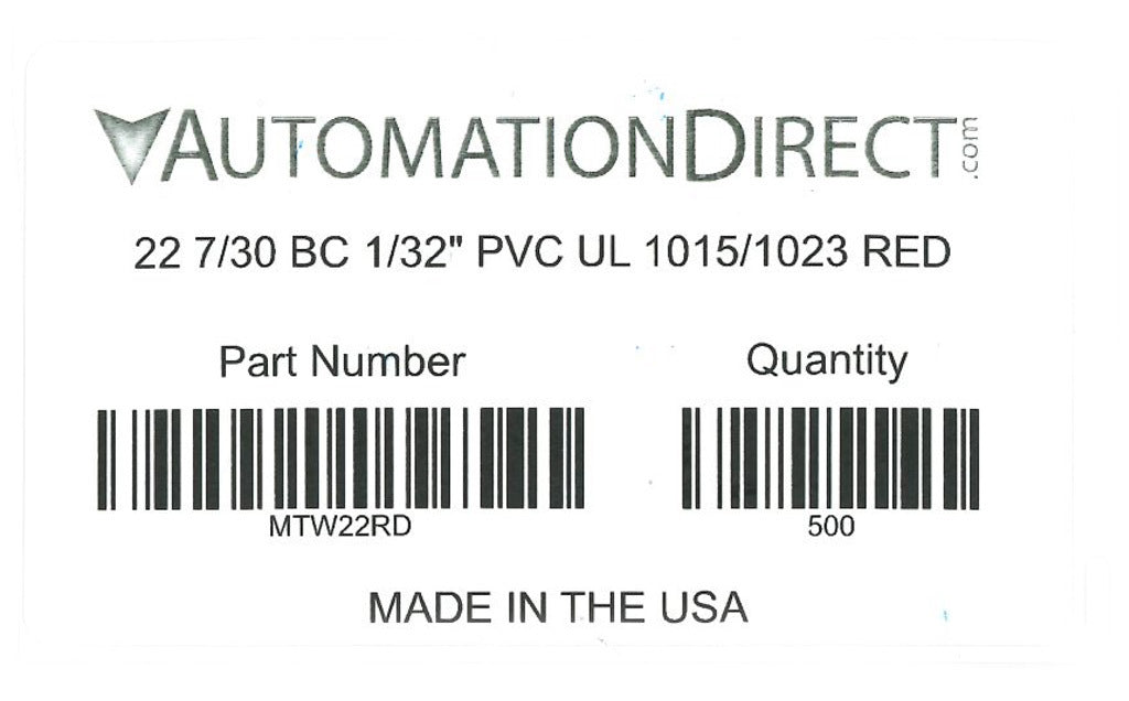 Atlas Wire MTW hook-up wire, single conductor, 22 AWG, 7-stranded, bare copper, PVC conductor insulation material, red, 600V, 500ft spool.-MTW22RD