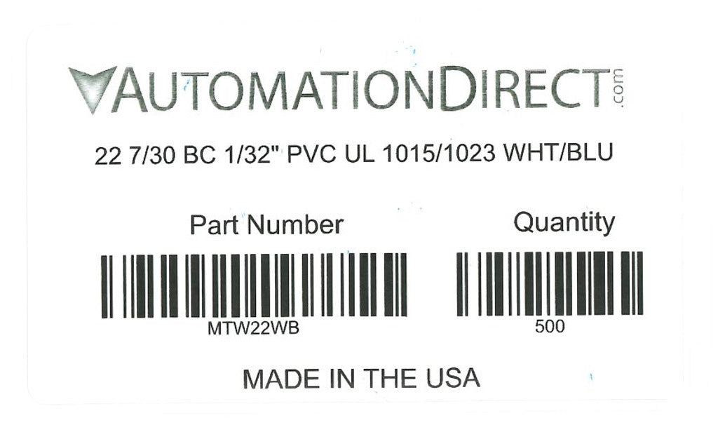 Atlas Wire MTW hook-up wire, single conductor, 22 AWG, 7-stranded, bare copper, PVC conductor insulation material, white with blue stripe, 600V, 500ft spool.-MTW22WB