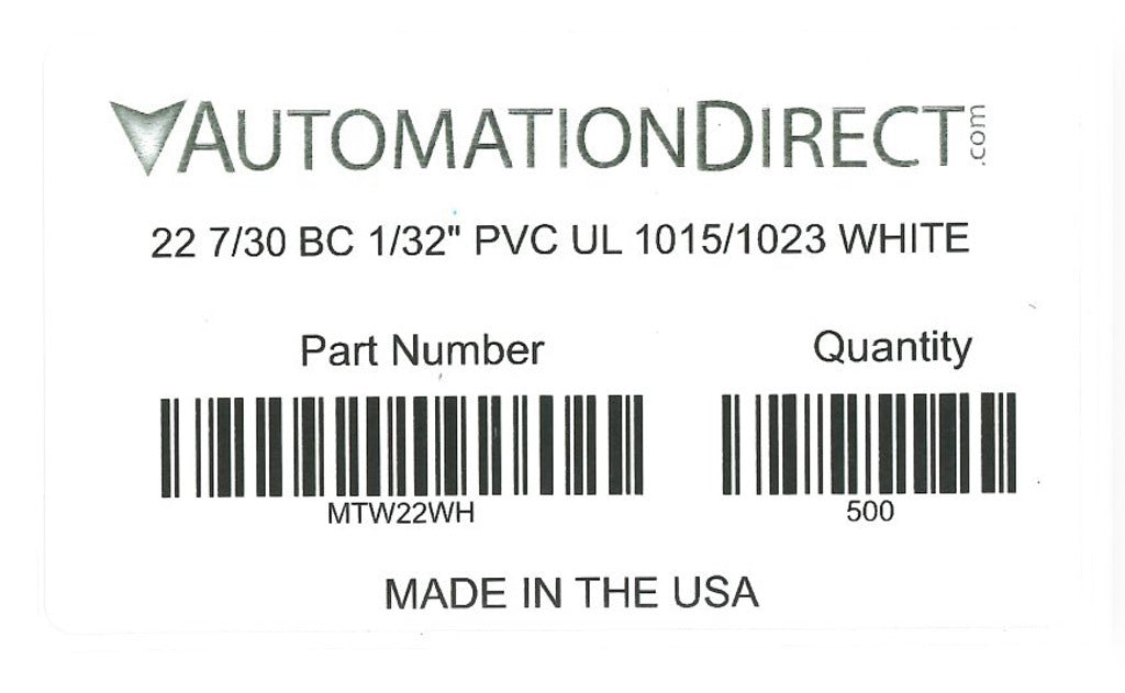 Atlas Wire MTW hook-up wire, single conductor, 22 AWG, 7-stranded, bare copper, PVC conductor insulation material, white, 600V, 500ft spool.-MTW22WH