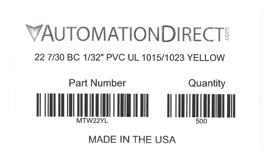 Atlas Wire MTW hook-up wire, single conductor, 22 AWG, 7-stranded, bare copper, PVC conductor insulation material, yellow, 600V, 500ft spool.-MTW22YL