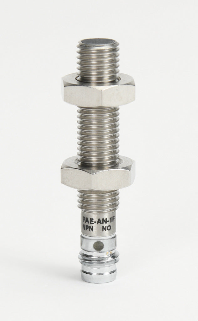 AchieVe inductive proximity sensor, tubular, 8mm diameter x 45mm body, 304 stainless steel housing, NPN, N.O. output, 1.5mm sensing distance, flush, 5 kHz switching frequency, IP67, 3-pin M8 quick-disconnect.-PAE-AN-1F