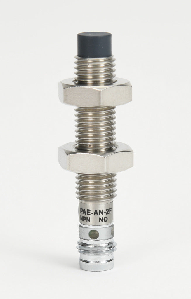 AchieVe inductive proximity sensor, tubular, 8mm diameter x 45mm body, 304 stainless steel housing, NPN, N.O. output, 2.5mm sensing distance, non-flush, 4.5 kHz switching frequency, IP67, 3-pin M8 quick-disconnect.-PAE-AN-2F