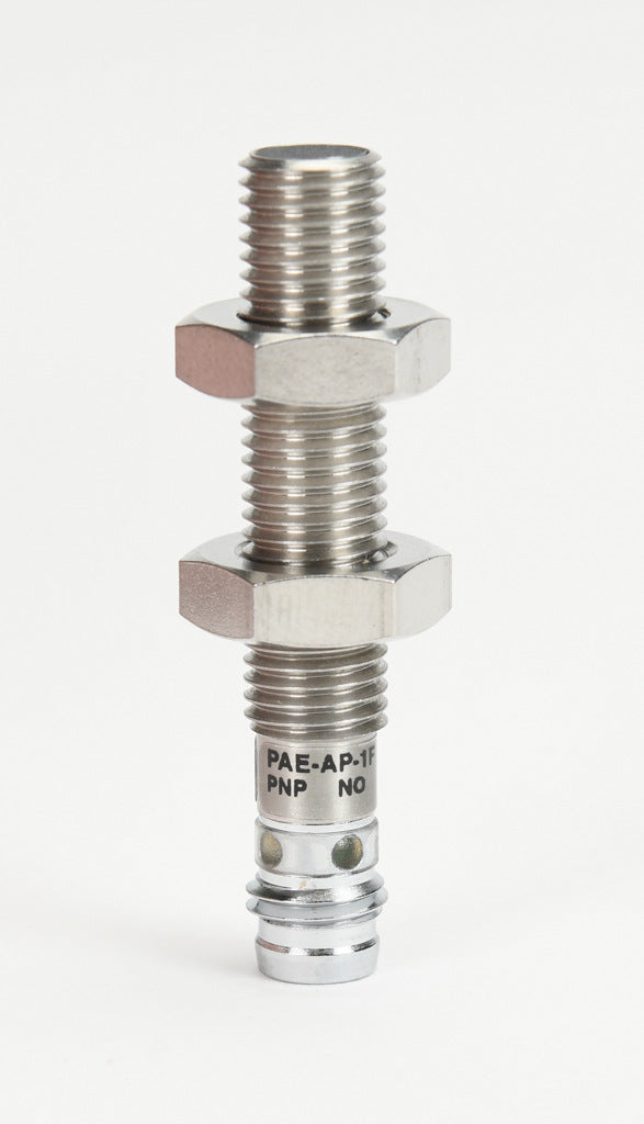 AchieVe inductive proximity sensor, tubular, 8mm diameter x 45mm body, 304 stainless steel housing, PNP, N.O. output, 1.5mm sensing distance, flush, 5 kHz switching frequency, IP67, 3-pin M8 quick-disconnect.-PAE-AP-1F