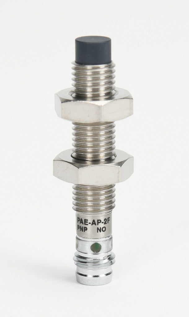 AchieVe inductive proximity sensor, tubular, 8mm diameter x 45mm body, 304 stainless steel housing, PNP, N.O. output, 2.5mm sensing distance, non-flush, 4.5 kHz switching frequency, IP67, 3-pin M8 quick-disconnect.-PAE-AP-2F