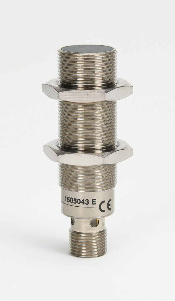 AchieVe inductive proximity sensor, tubular, 18mm diameter x 63.5mm body, nickel-plated brass housing, NPN, N.O. output, 5mm sensing distance, flush, 2 kHz switching frequency, IP67, 4-pin M12 quick-disconnect.-PAK-AN-1H