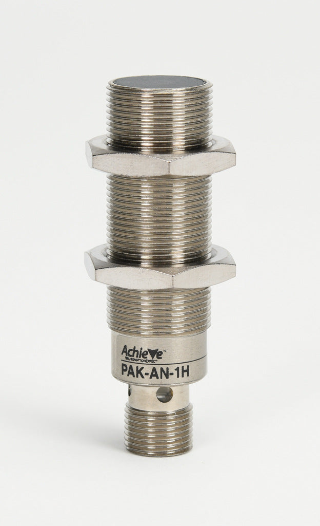 AchieVe inductive proximity sensor, tubular, 18mm diameter x 63.5mm body, nickel-plated brass housing, NPN, N.O. output, 5mm sensing distance, flush, 2 kHz switching frequency, IP67, 4-pin M12 quick-disconnect.-PAK-AN-1H