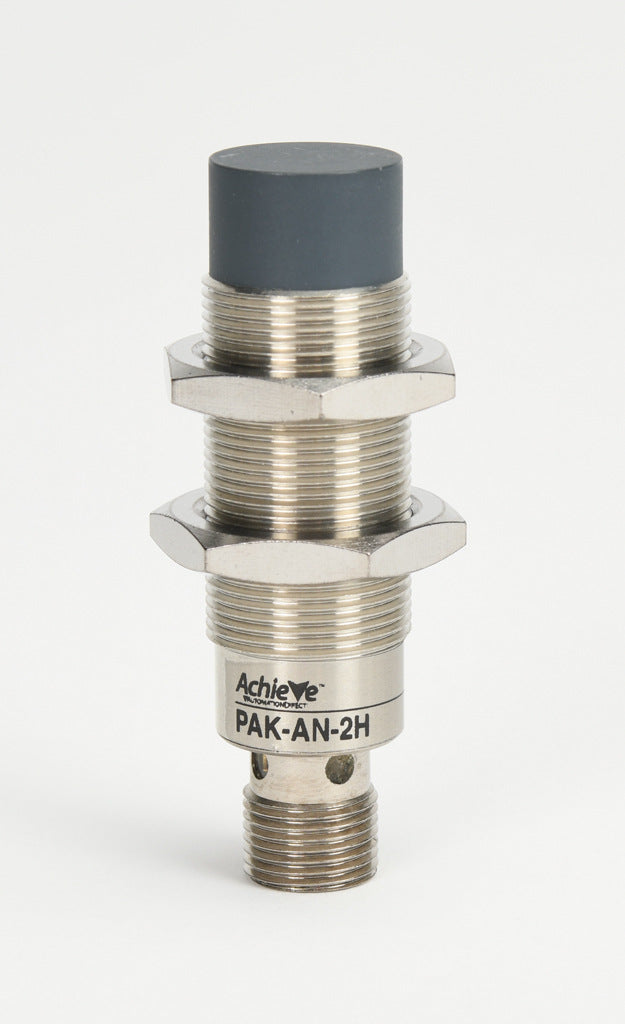 AchieVe inductive proximity sensor, tubular, 18mm diameter x 63.5mm body, nickel-plated brass housing, NPN, N.O. output, 8mm sensing distance, non-flush, 2 kHz switching frequency, IP67, 4-pin M12 quick-disconnect.-PAK-AN-2H