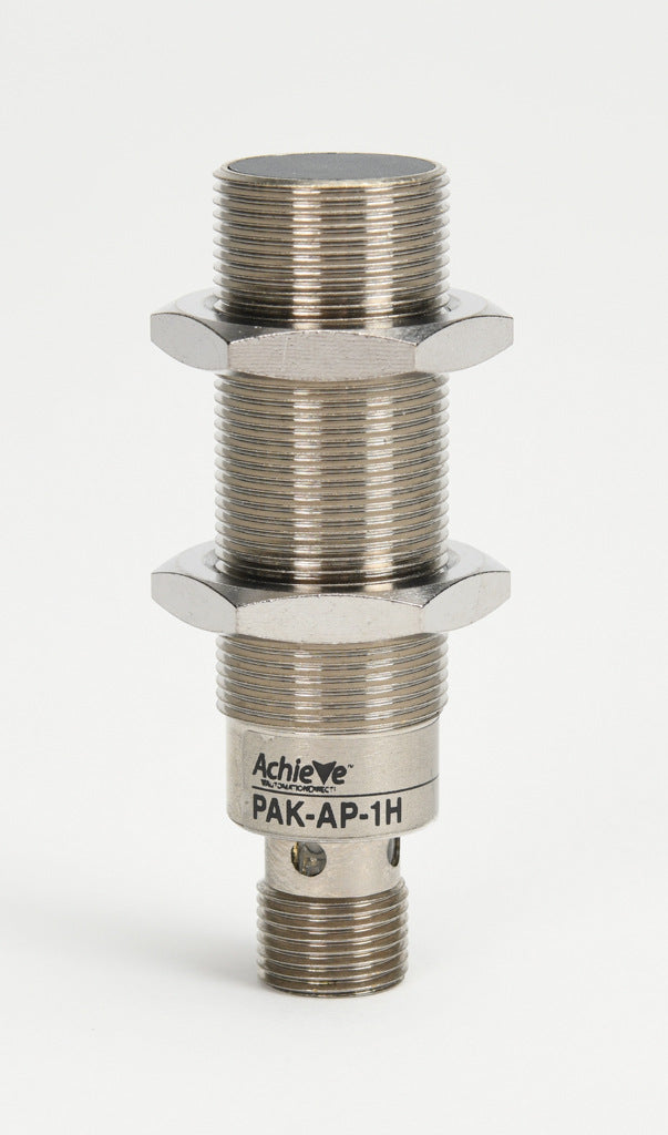 AchieVe inductive proximity sensor, tubular, 18mm diameter x 63.5mm body, nickel-plated brass housing, PNP, N.O. output, 5mm sensing distance, flush, 2 kHz switching frequency, IP67, 4-pin M12 quick-disconnect.-PAK-AP-1H