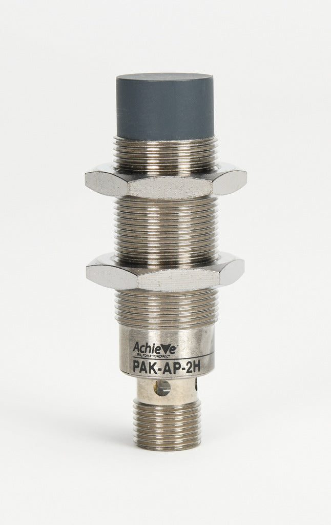 AchieVe inductive proximity sensor, tubular, 18mm diameter x 63.5mm body, nickel-plated brass housing, PNP, N.O. output, 8mm sensing distance, non-flush, 2 kHz switching frequency, IP67, 4-pin M12 quick-disconnect.-PAK-AP-2H