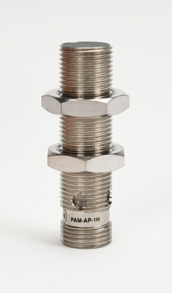 AchieVe inductive proximity sensor, tubular, 12mm diameter x 45mm body, nickel-plated brass housing, PNP, N.O. output, 2mm sensing distance, flush, 3 kHz switching frequency, IP67, 4-pin M12 quick-disconnect.-PAM-AP-1H