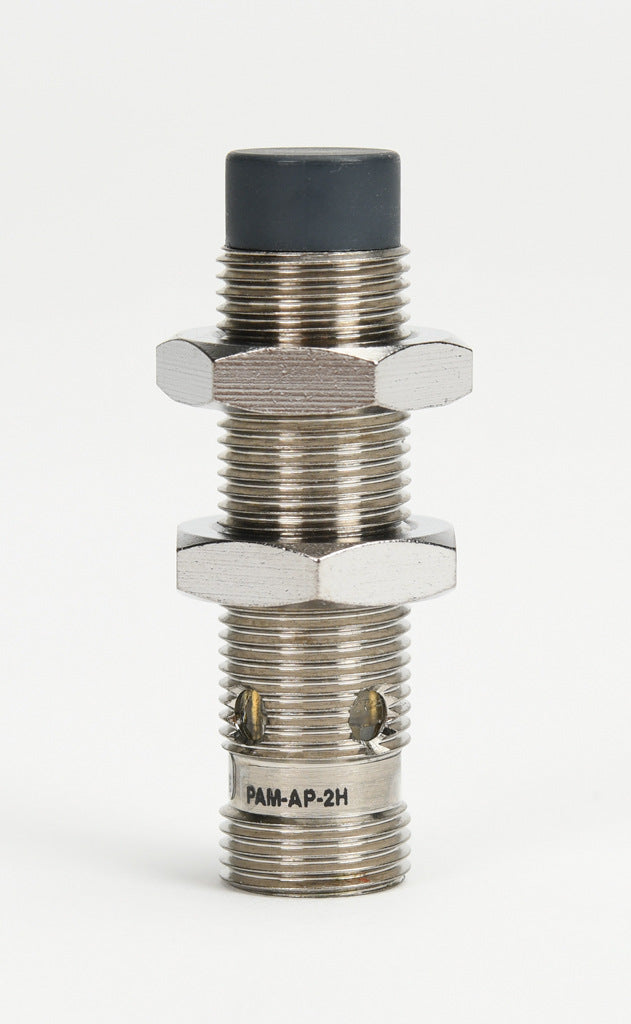 AchieVe inductive proximity sensor, tubular, 12mm diameter x 45mm body, nickel-plated brass housing, PNP, N.O. output, 4mm sensing distance, non-flush, 2 kHz switching frequency, IP67, 4-pin M12 quick-disconnect.-PAM-AP-2H