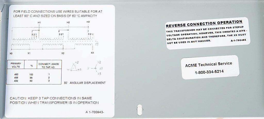 ACME general purpose transformer, encapsulated core, 3 kVA, 3-phase, 480 VAC Delta, 208Y/120 VAC secondary, 60 Hz, electrostatic shield, NEMA 3R, wall mount.-T2A533081S