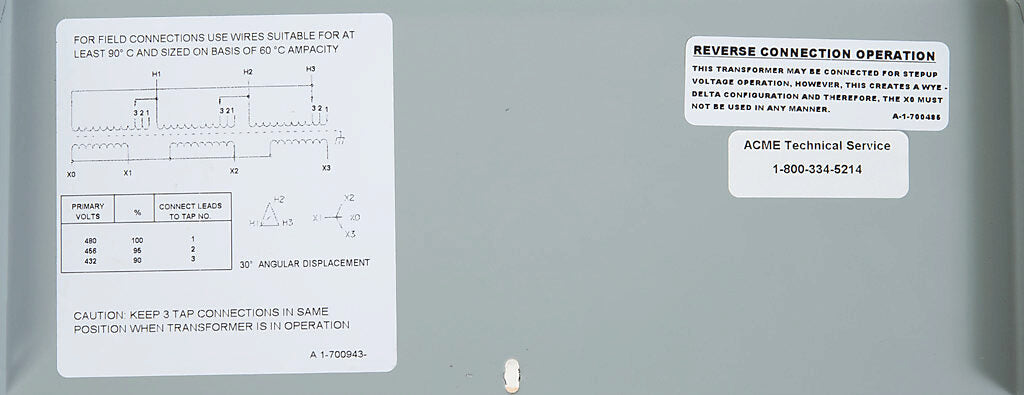 ACME general purpose transformer, encapsulated core, 6 kVA, 3-phase, 480 VAC Delta, 208Y/120 VAC secondary, 60 Hz, electrostatic shield, NEMA 3R, wall mount.-T2A533091S