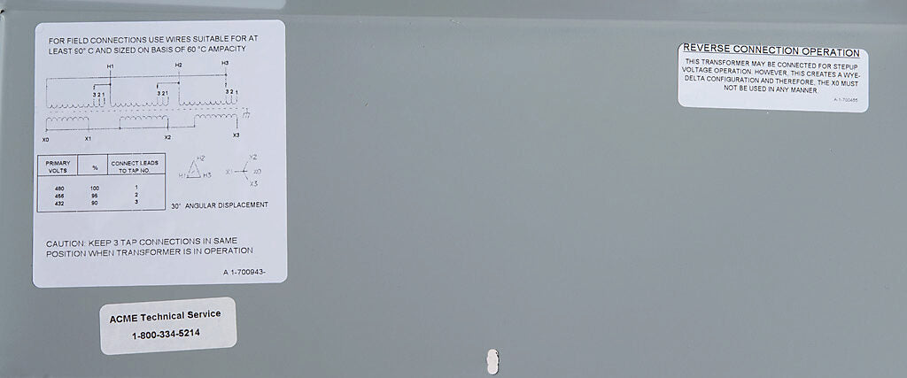 ACME general purpose transformer, encapsulated core, 9 kVA, 3-phase, 480 VAC Delta, 208Y/120 VAC secondary, 60 Hz, electrostatic shield, NEMA 3R, wall mount.-T2A533101S