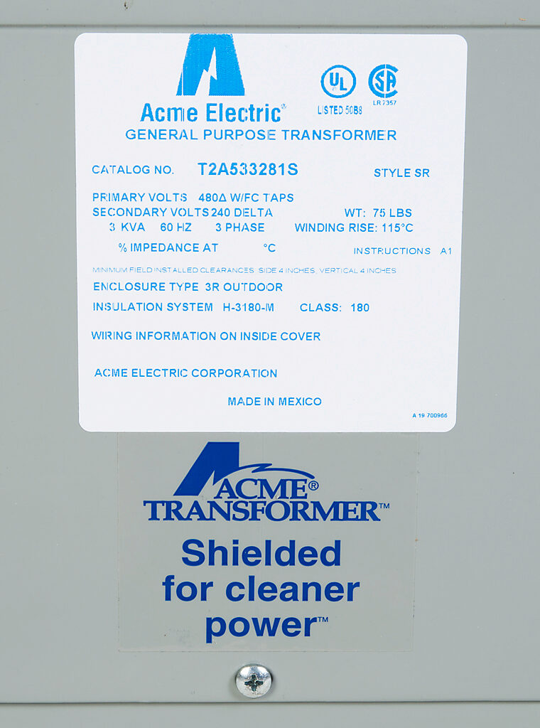 ACME general purpose transformer, encapsulated core, 3 kVA, 3-phase, 480 VAC Delta, 240/120 VAC Delta (center tap) secondary, 60 Hz, electrostatic shield, NEMA 3R, wall mount.-T2A533281S
