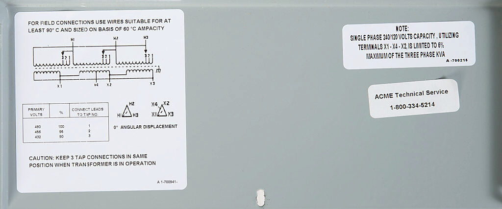 ACME general purpose transformer, encapsulated core, 6 kVA, 3-phase, 480 VAC Delta, 240/120 VAC Delta (center tap) secondary, 60 Hz, electrostatic shield, NEMA 3R, wall mount.-T2A533291S