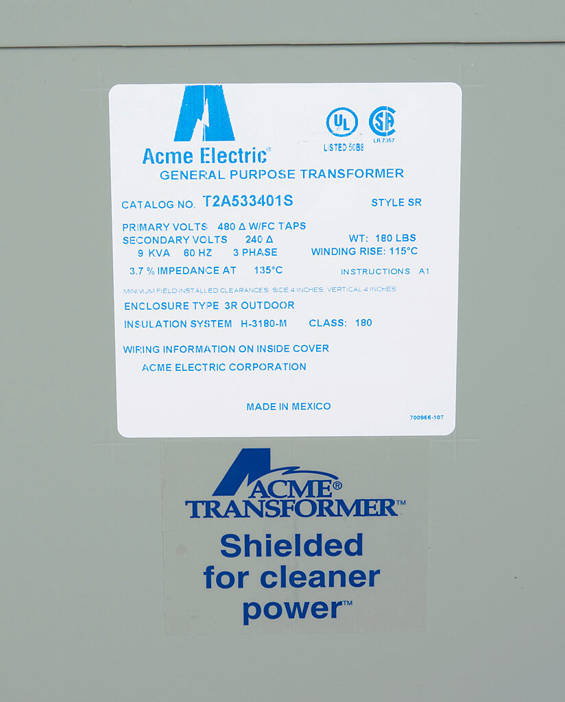 ACME general purpose transformer, encapsulated core, 9 kVA, 3-phase, 480 VAC Delta, 240/120 VAC Delta (center tap) secondary, 60 Hz, electrostatic shield, NEMA 3R, wall mount.-T2A533401S