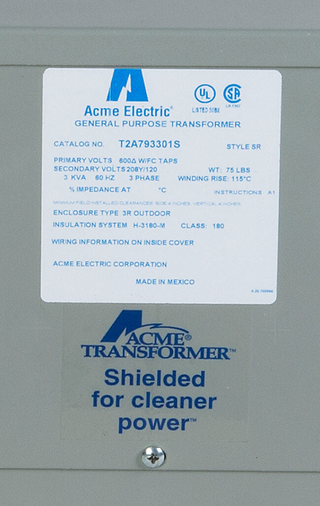 ACME general purpose transformer, encapsulated core, 3 kVA, 3-phase, 600 VAC Delta, 208Y/120 VAC secondary, 60 Hz, electrostatic shield, NEMA 3R, wall mount.-T2A793301S