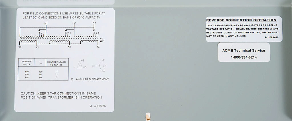 ACME general purpose transformer, encapsulated core, 6 kVA, 3-phase, 600 VAC Delta, 208Y/120 VAC secondary, 60 Hz, electrostatic shield, NEMA 3R, wall mount.-T2A793311S