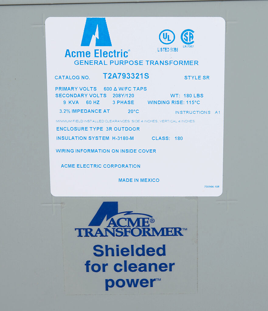 ACME general purpose transformer, encapsulated core, 9 kVA, 3-phase, 600 VAC Delta, 208Y/120 VAC secondary, 60 Hz, electrostatic shield, NEMA 3R, wall mount.-T2A793321S