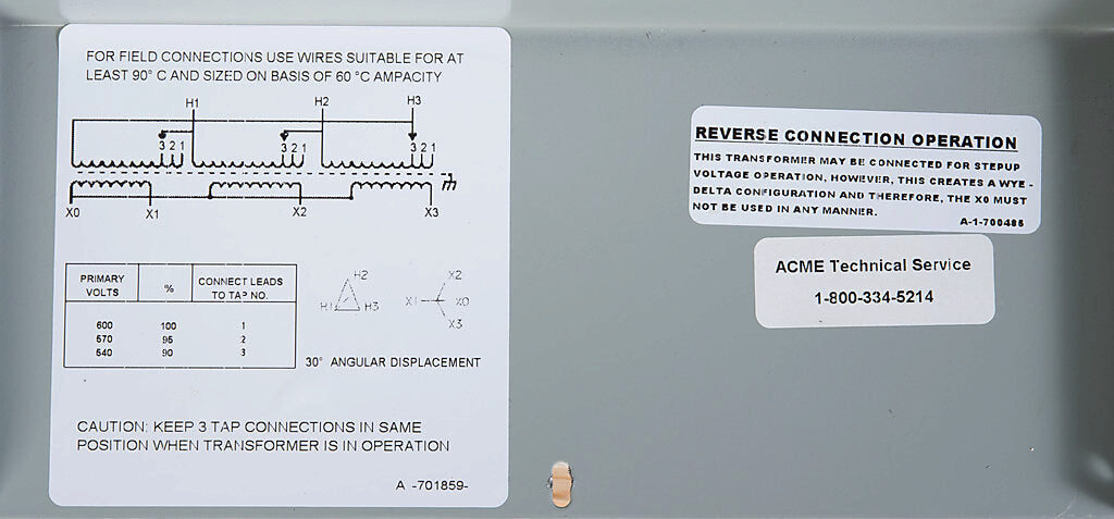 ACME general purpose transformer, encapsulated core, 3 kVA, 3-phase, 600 VAC Delta, 480Y/277 VAC secondary, 60 Hz, electrostatic shield, NEMA 3R, wall mount.-T2A795161S