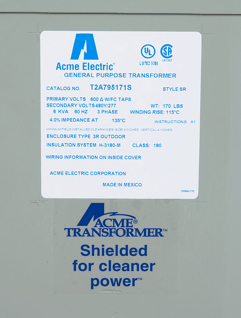 ACME general purpose transformer, encapsulated core, 6 kVA, 3-phase, 600 VAC Delta, 480Y/277 VAC secondary, 60 Hz, electrostatic shield, NEMA 3R, wall mount.-T2A795171S