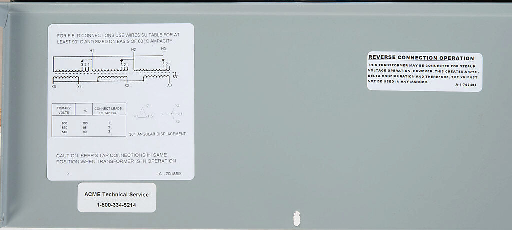 ACME general purpose transformer, encapsulated core, 9 kVA, 3-phase, 600 VAC Delta, 480Y/277 VAC secondary, 60 Hz, electrostatic shield, NEMA 3R, wall mount.-T2A795181S