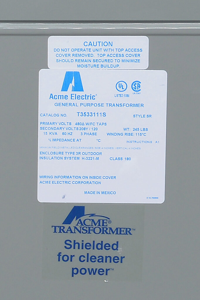 ACME general purpose transformer, encapsulated core, 15 kVA, 3-phase, 480 VAC Delta, 208Y/120 VAC secondary, 60 Hz, electrostatic shield, NEMA 3R, floor mount.-T3533111S