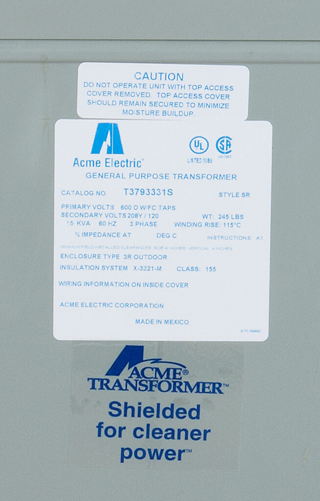 ACME general purpose transformer, encapsulated core, 15 kVA, 3-phase, 600 VAC Delta, 208Y/120 VAC secondary, 60 Hz, electrostatic shield, NEMA 3R, floor mount.-T3793331S