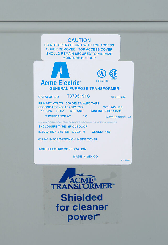 ACME general purpose transformer, encapsulated core, 15 kVA, 3-phase, 600 VAC Delta, 480Y/277 VAC secondary, 60 Hz, electrostatic shield, NEMA 3R, floor mount.-T3795191S