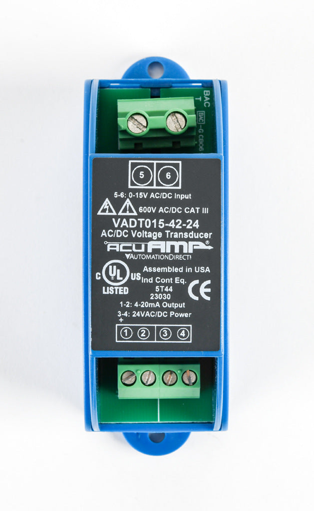 AcuAMP AC/DC voltage transducer, 1-phase, 0-15 VAC/VDC sensing range, True RMS, 4-20 mA output, 24 VAC/VDC operating voltage.-VADT015-42-24