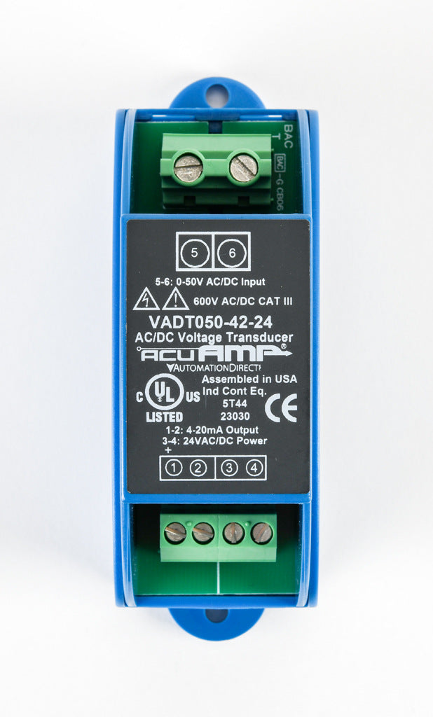 AcuAMP AC/DC voltage transducer, 1-phase, 0-50 VAC/VDC sensing range, True RMS, 4-20 mA output, 24 VAC/VDC operating voltage.-VADT050-42-24